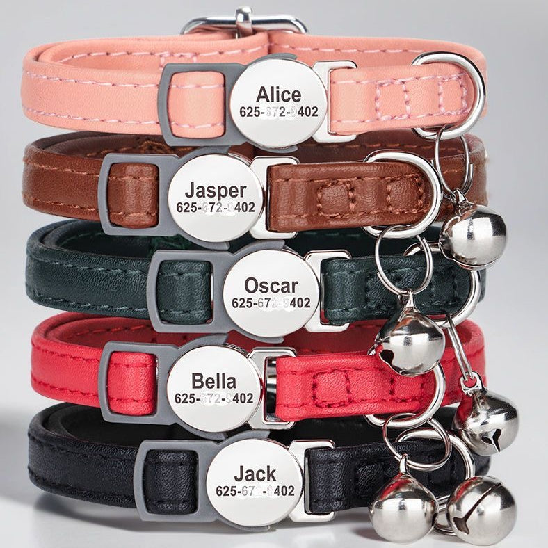 Personalized Anti-Choking Cat Collar: Leather Design with Custom Pet Details (Anti-Lost)